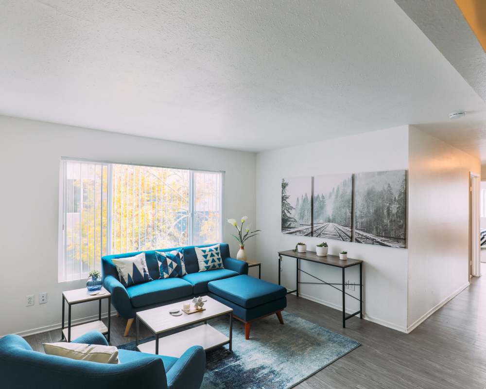 Living room with large window at Waterstone Terrace in Benicia, California