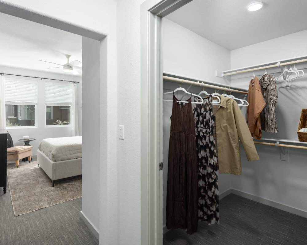 Walk-in closet in the bedroom at SoCo Apartments in Napa, California