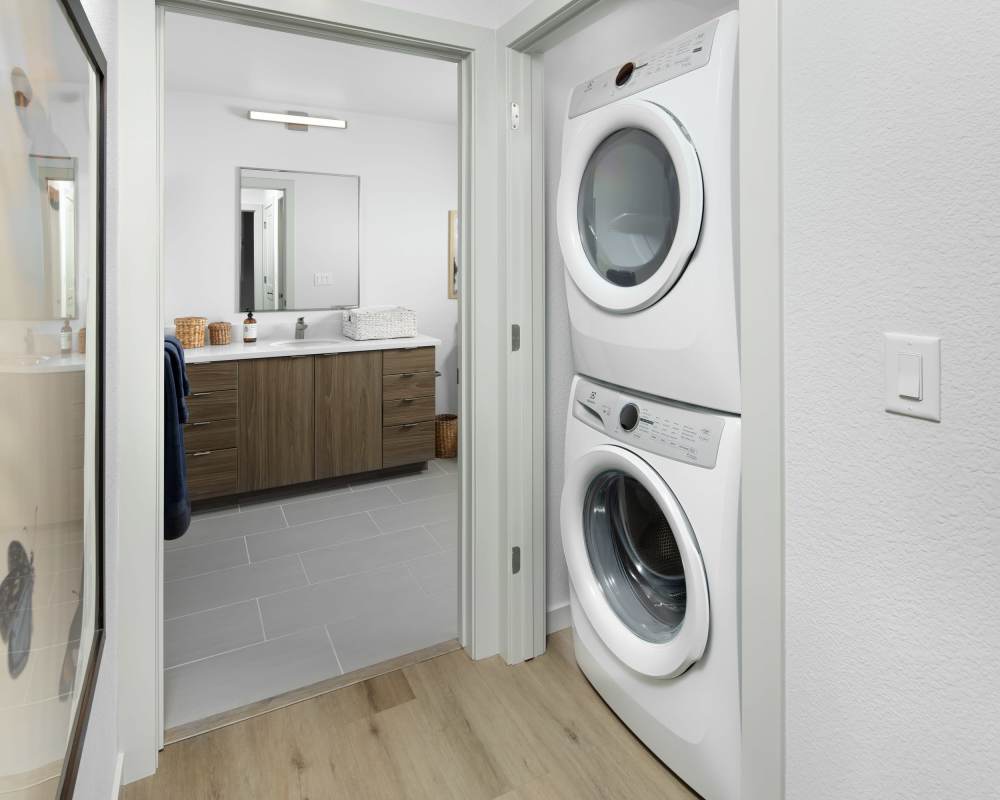 Laundry room next to the bathroom at SoCo Apartments in Napa, California