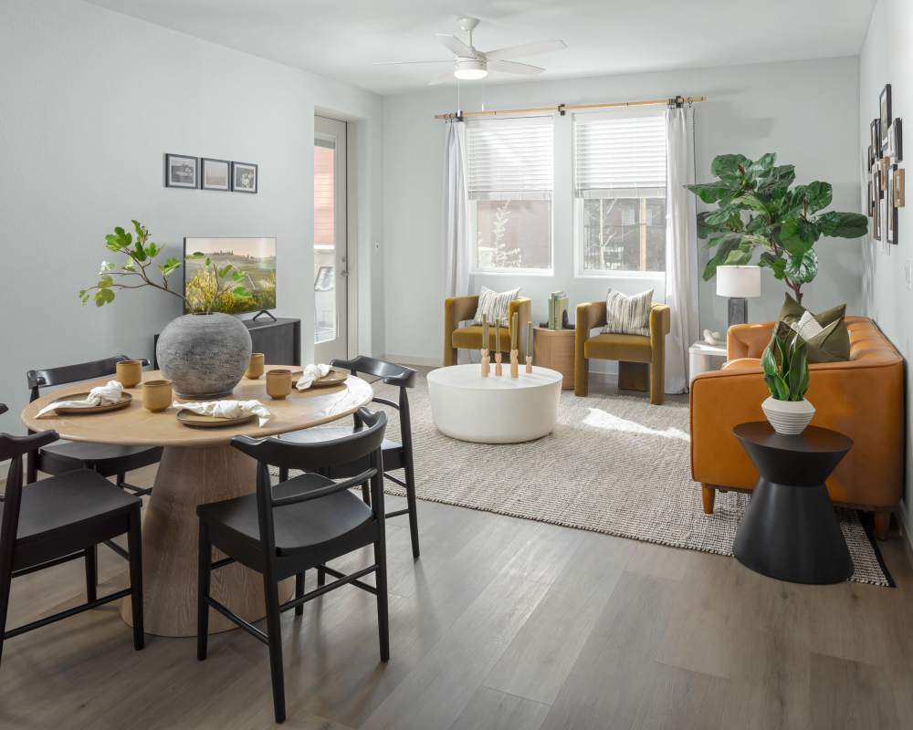 Connecting living room and dining room at SoCo Apartments in Napa, California