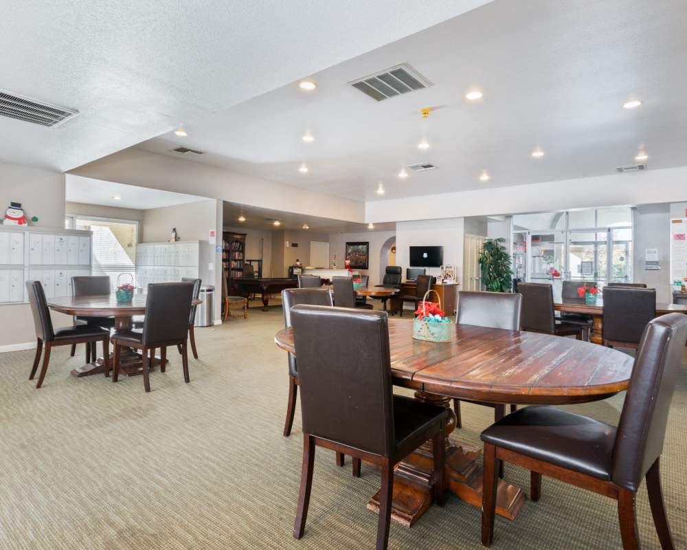 Club house with kitchen and seating at Somerset Senior Apartments in Antioch, California