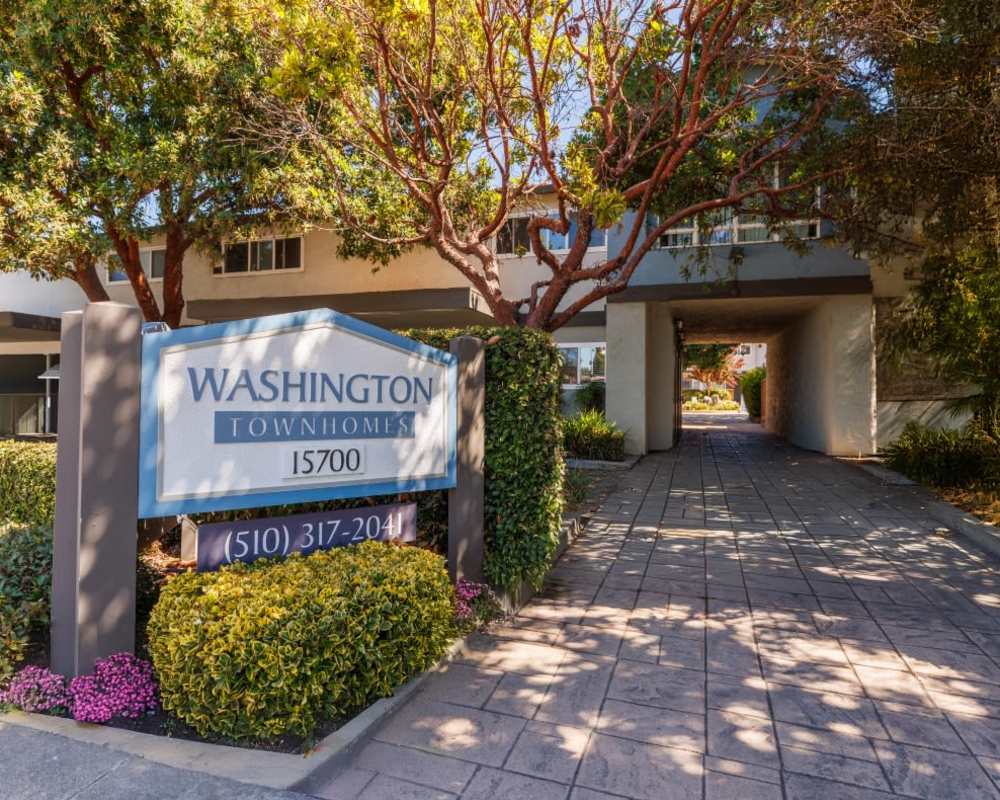 Model townhome with wood-style flooring at Washington Townhomes in San Lorenzo, California