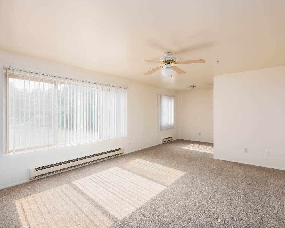 Modern Living Room with windows and ceiling fan at Park Hill Apartments in Seattle, Washington