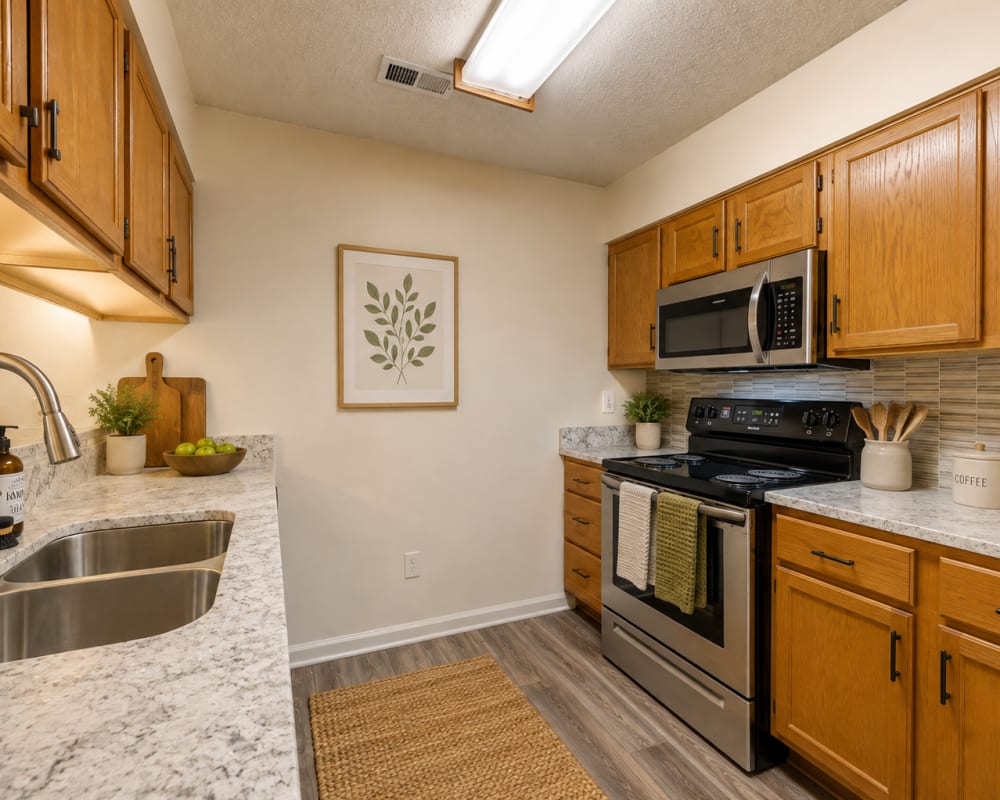 Kitchen with wood cabinets, quartz-style counters and stainless sink at Chason Ridge Apartment Homes in Fayetteville, North Carolina