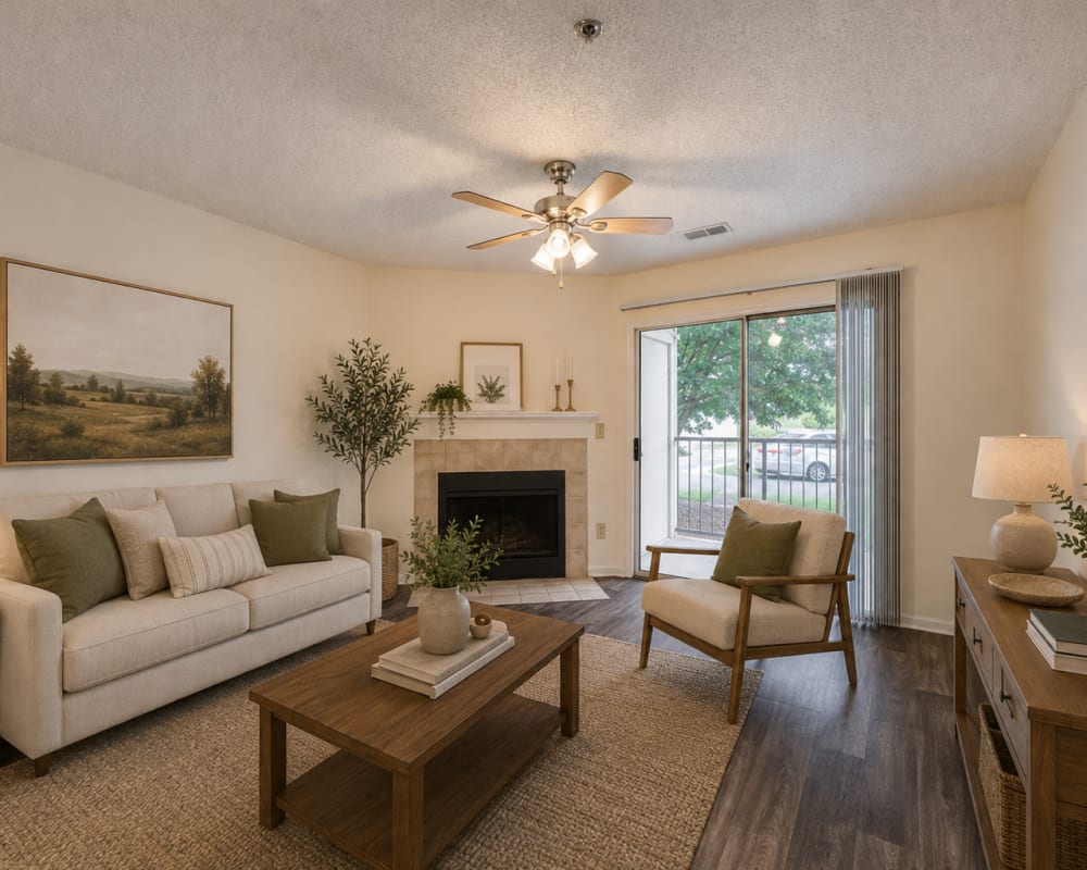Bright living room with fireplace, sofa, armchair and patio door at Chason Ridge Apartment Homes in Fayetteville, North Carolina