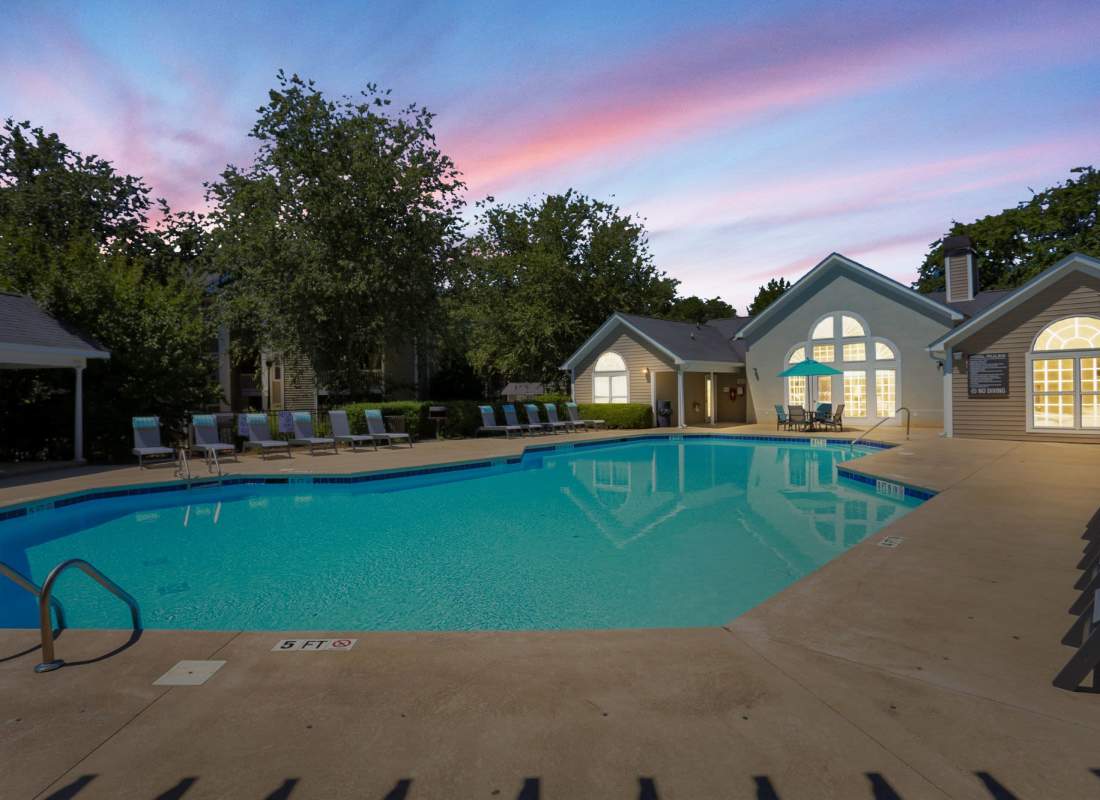 Swimming pool at night at The Laurel Apartments in Spartanburg, South Carolina
