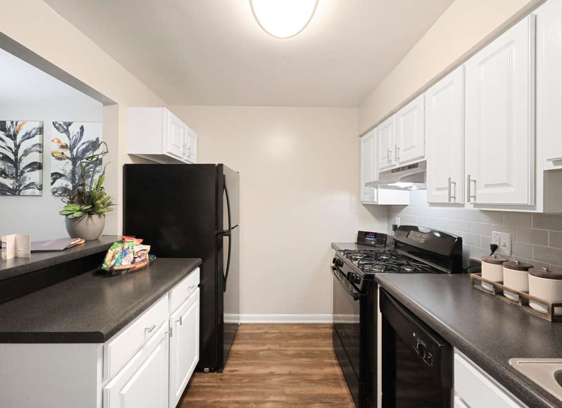 Kitchen with modern appliances at The Seasons Apartments in Laurel, Maryland