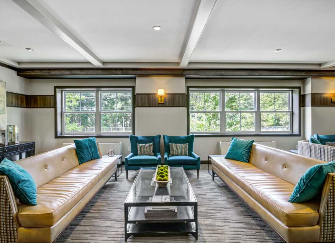 Resident lounge with modern details at The Sheldon at Suffern Station in Suffern, New York
