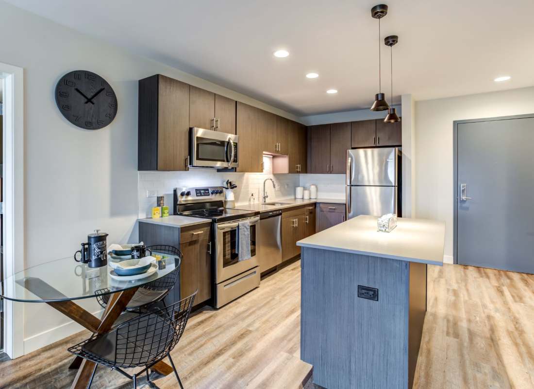 Modern kitchen and dining room at One Wheeling Town Center in Wheeling, Illinois