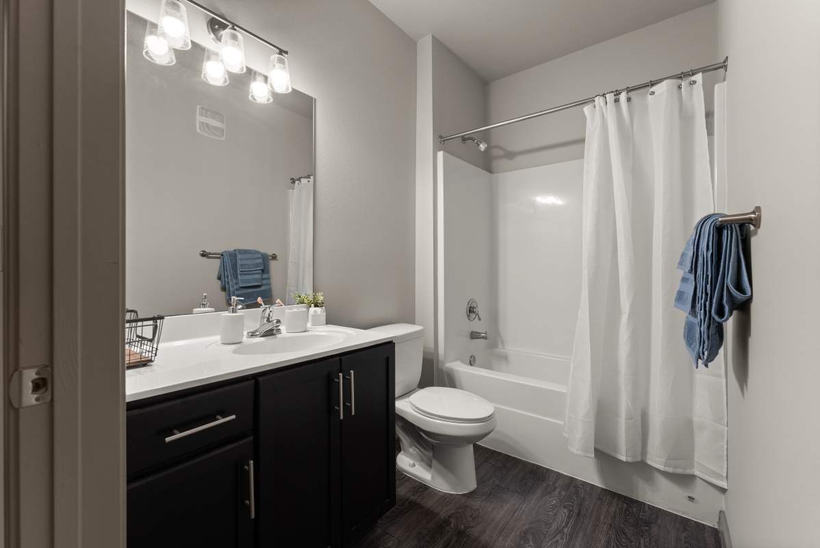 Bathroom with dark vanity, toilet and tub with white shower curtain at The Den in Columbia, Missouri