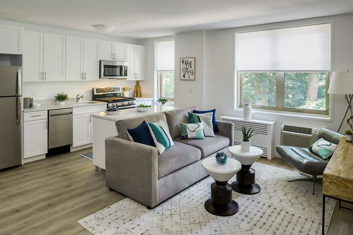 Bright and modern living space in model home at Camelot Court in Brighton, MA