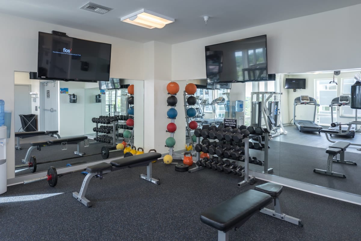 Fully equipped fitness center at Indigo 19 in Virginia Beach, Virginia