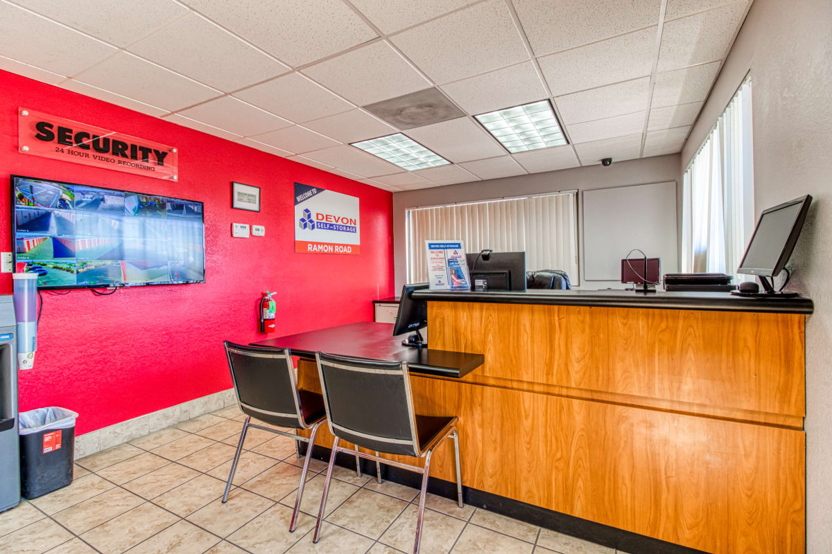 Front leasing office and video surveillance at Devon Self Storage in Cathedral City, California