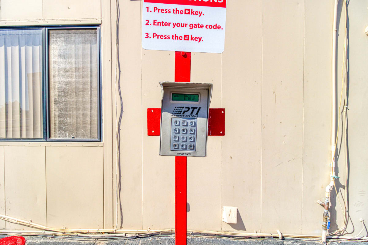 The keypad leading into the gated entry at Devon Self Storage in Cathedral City, California