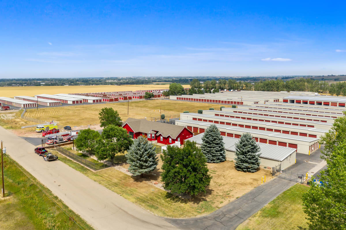 Aerial view of Firehouse Self Storage in Loveland, Colorado and surrounding area