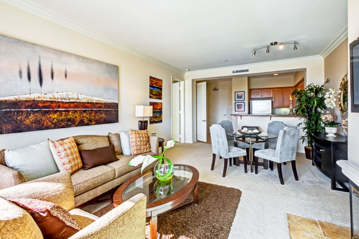Spacious open-concept living area in a model home at The Villa at Marina Harbor in Marina del Rey, California