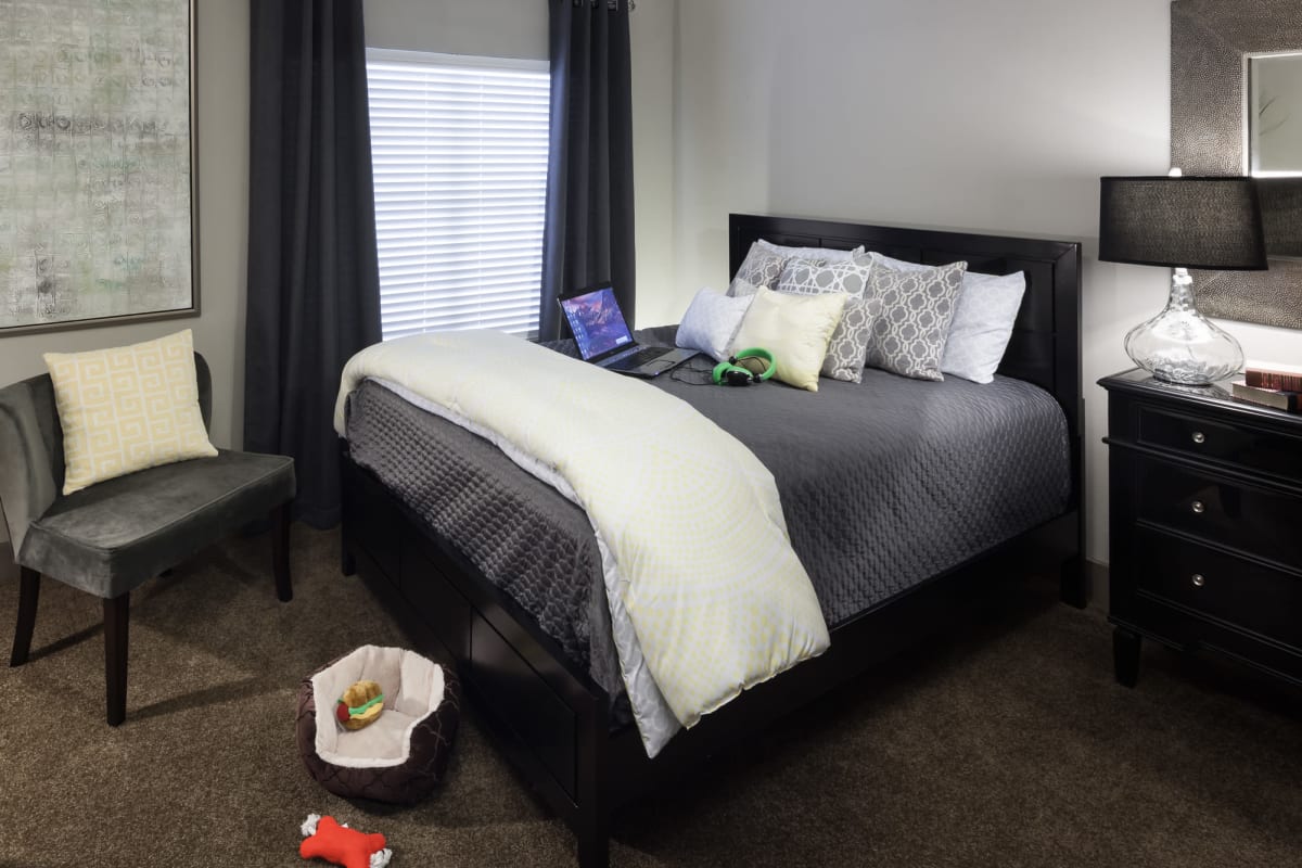Draped window and plush carpeting in the primary bedroom of a model home at Tintara at Canyon Creek in Austin, Texas
