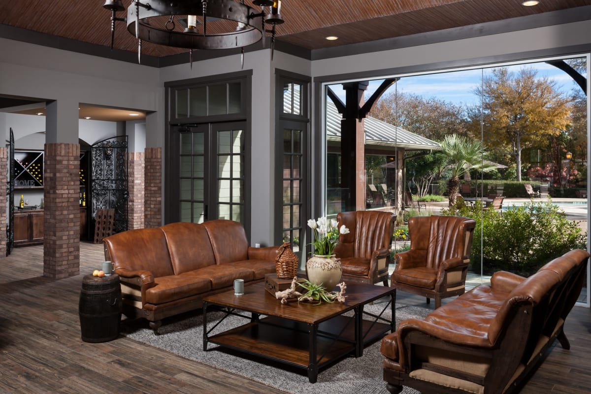 Covered open-air lounge area at Tintara at Canyon Creek in Austin, Texas