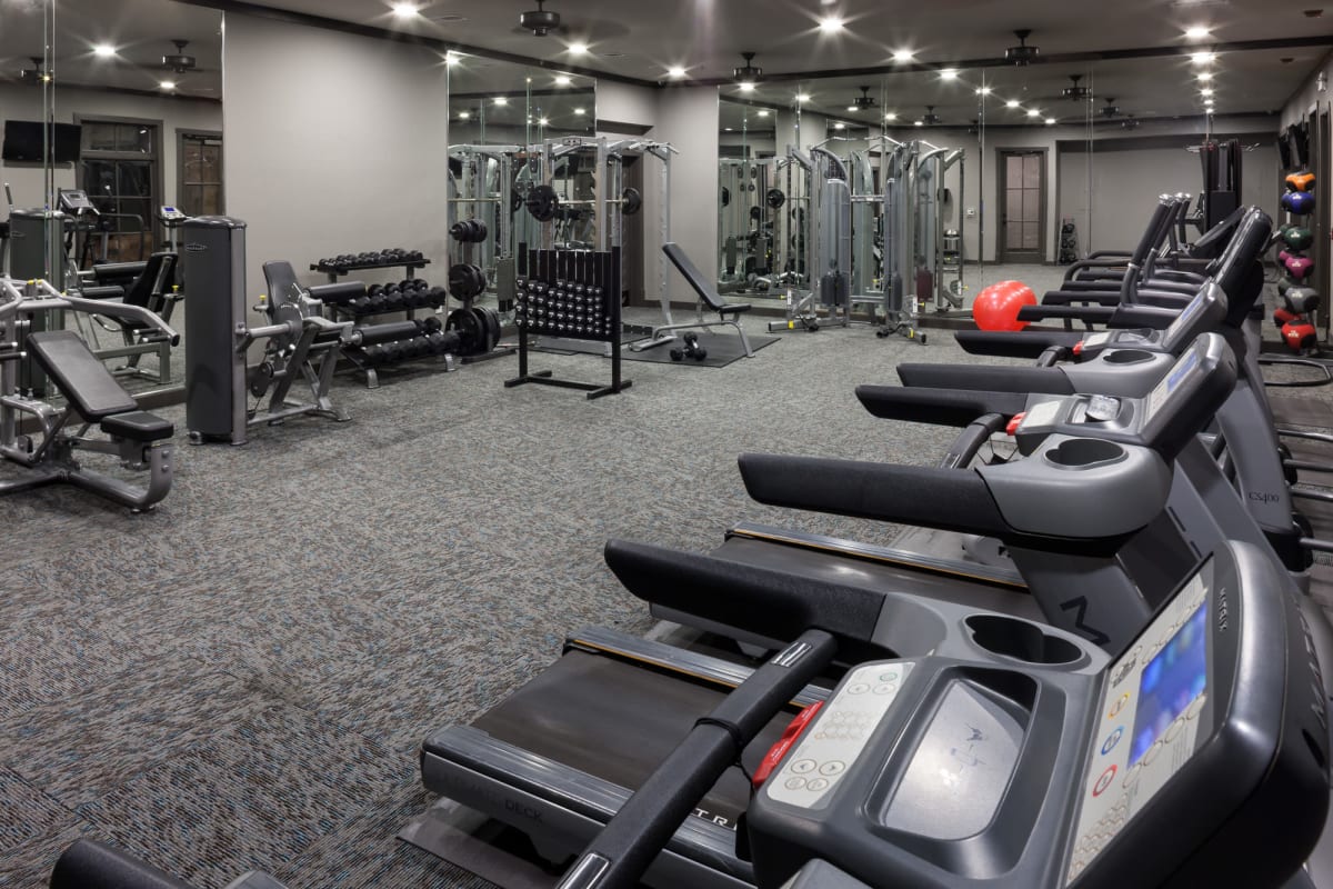 Well-equipped onsite fitness center with ample cardio equipment at Tintara at Canyon Creek in Austin, Texas