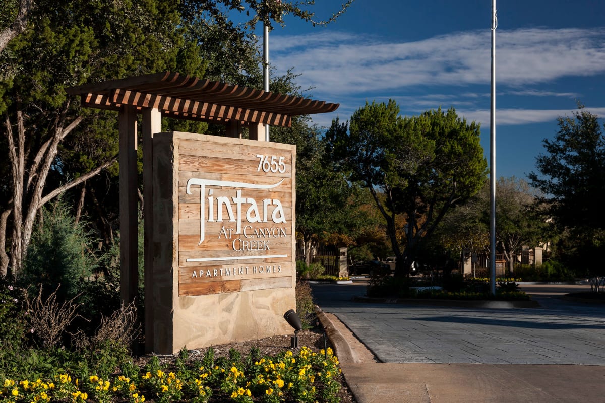 Our monument sign welcoming residents and their guests to Tintara at Canyon Creek in Austin, Texas