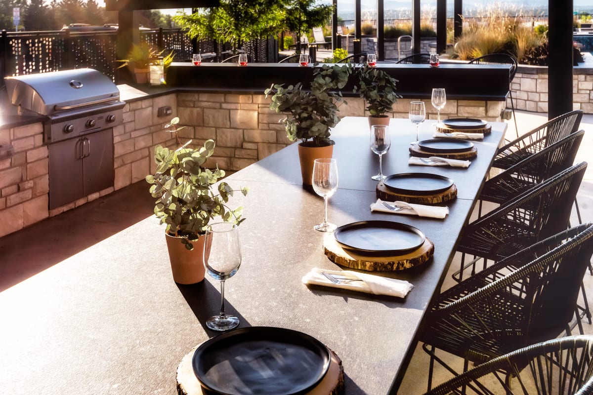 Outdoor dining lounge at Solana Lucent Station in Highlands Ranch, Colorado
