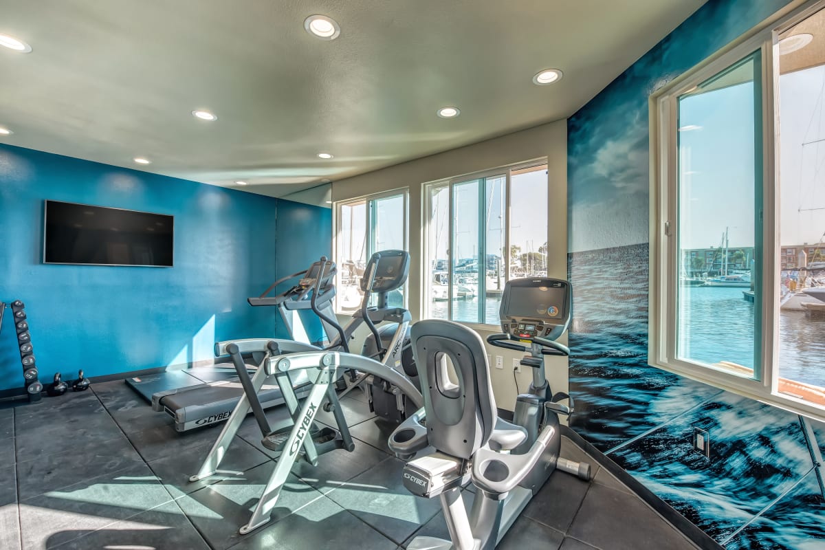 Well-equipped onsite fitness center at the marina at Esprit Marina del Rey in Marina del Rey, California