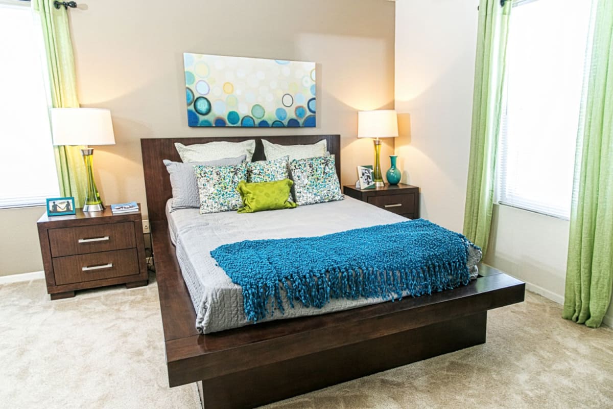 Well decorated bedroom at The Views at Laurel Lakes in Laurel, Maryland