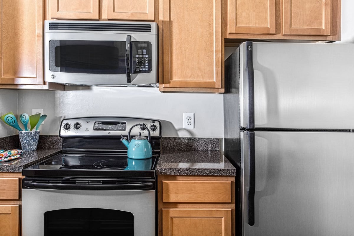 Kitchen with sleek, stainless-steel appliances at The Views at Laurel Lakes in Laurel, Maryland