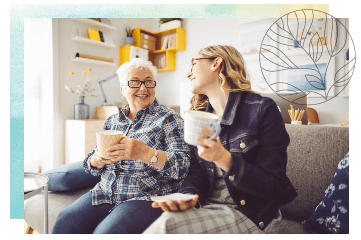 Resident discussing senior living with a younger family member at Citrus Place in Riverside, California