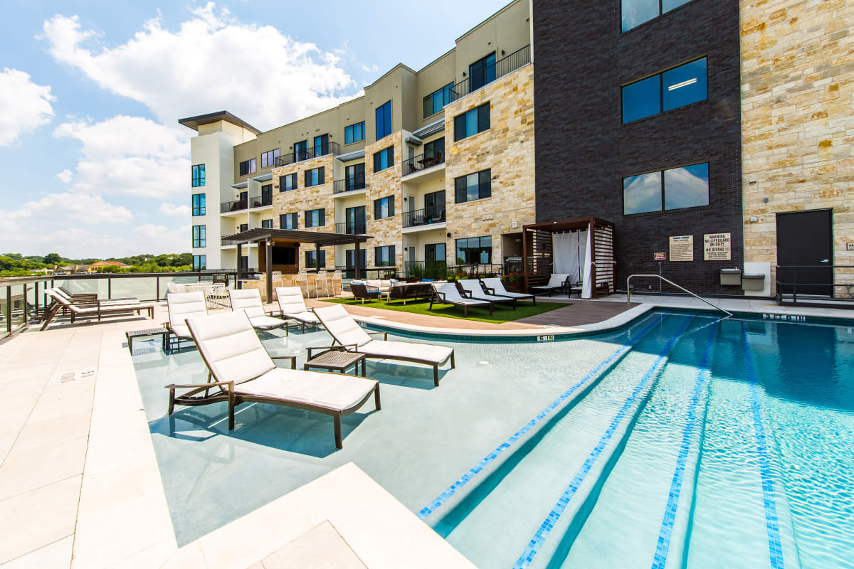 Resort-style swimming pool at Water Marq in Austin, Texas