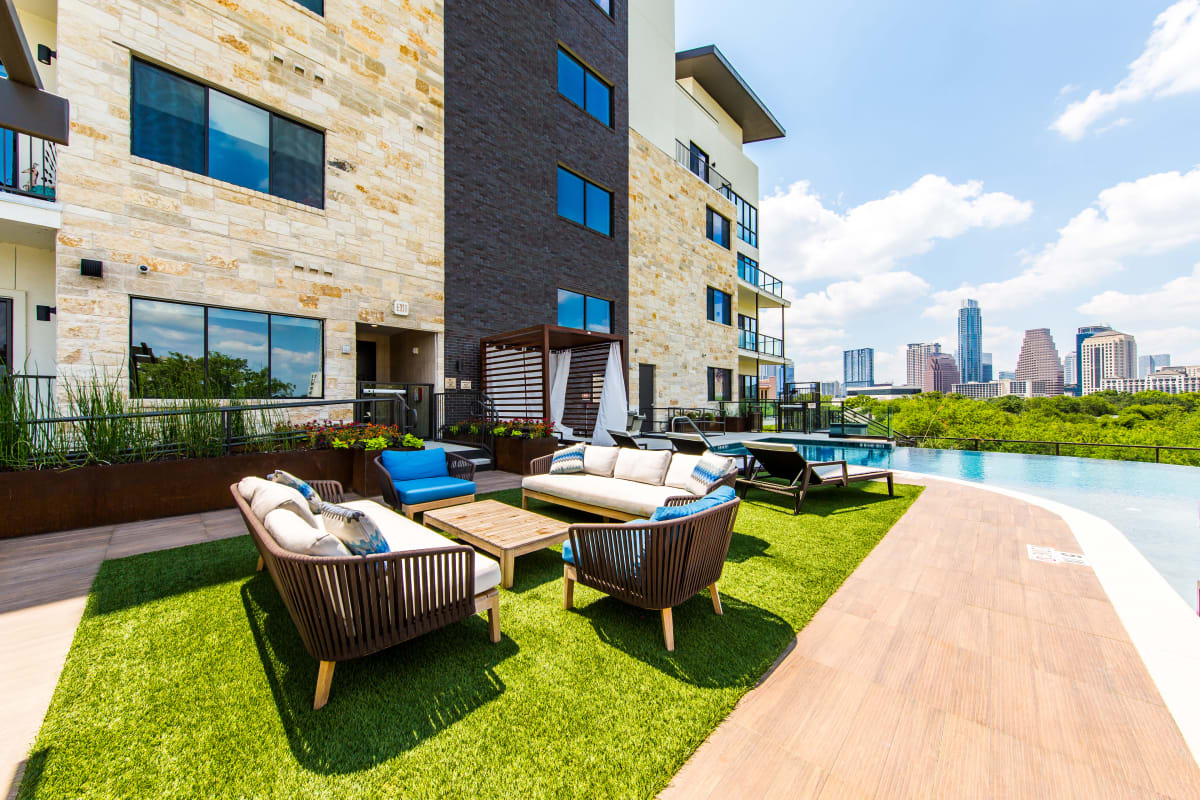 Poolside outdoor lounge at Water Marq in Austin, Texas