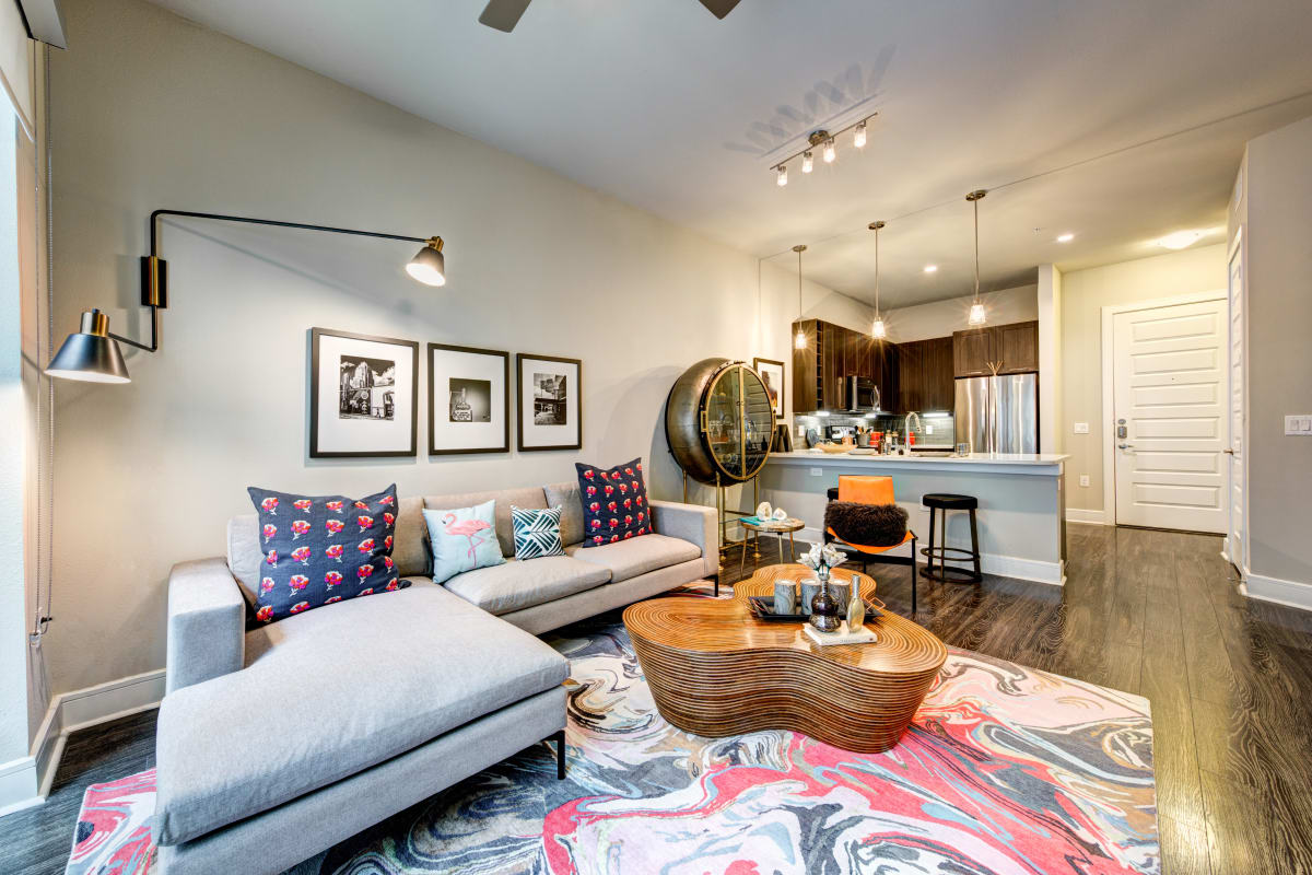 Well decorated living room at Water Marq in Austin, Texas
