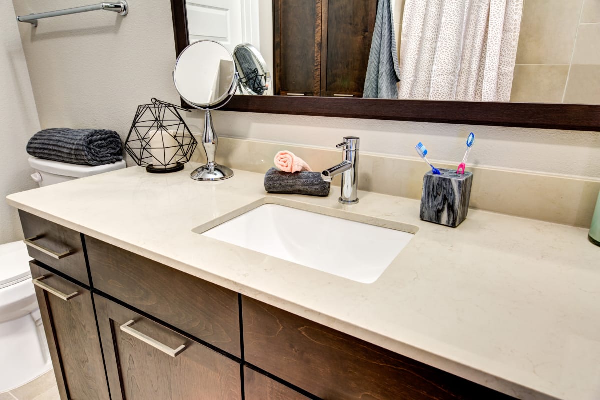 Clean bathroom counter at Water Marq in Austin, Texas