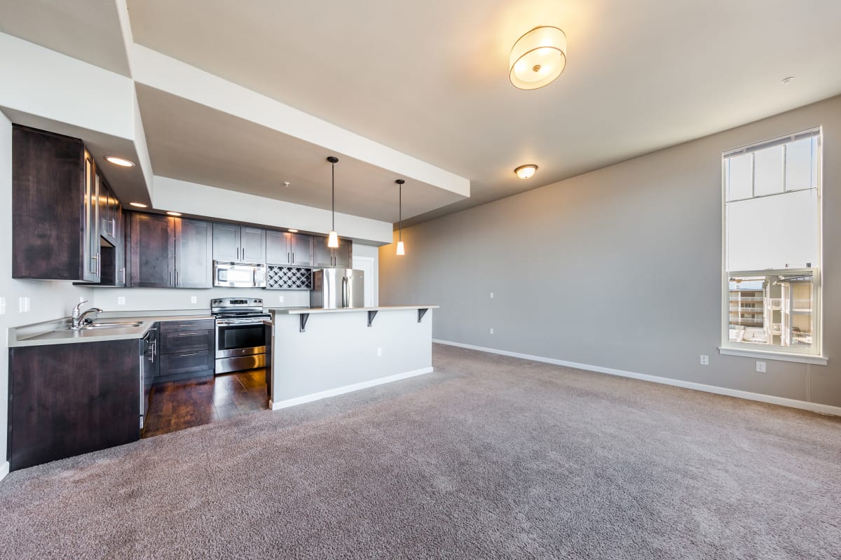 Carpeted living room at Copperline at Point Ruston in Tacoma, Washington