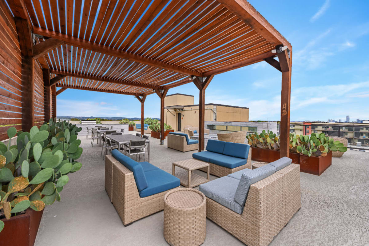 Building roof deck with covered sitting areas and cactus plants at The 704 in Austin, Texas