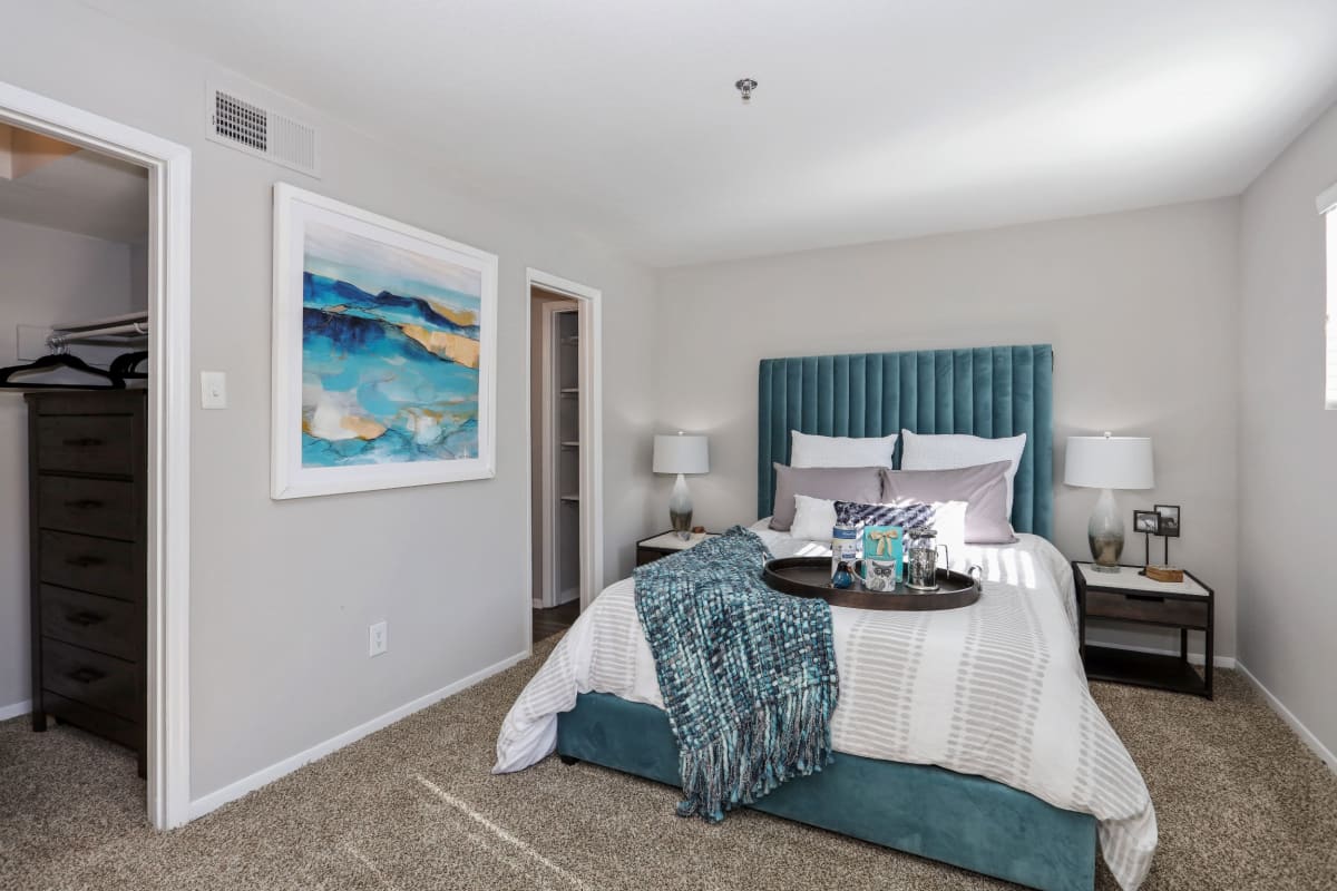 Bedroom decorated in a model home at 45Eighty Dunwoody Apartment Homes in Dunwoody, Georgia