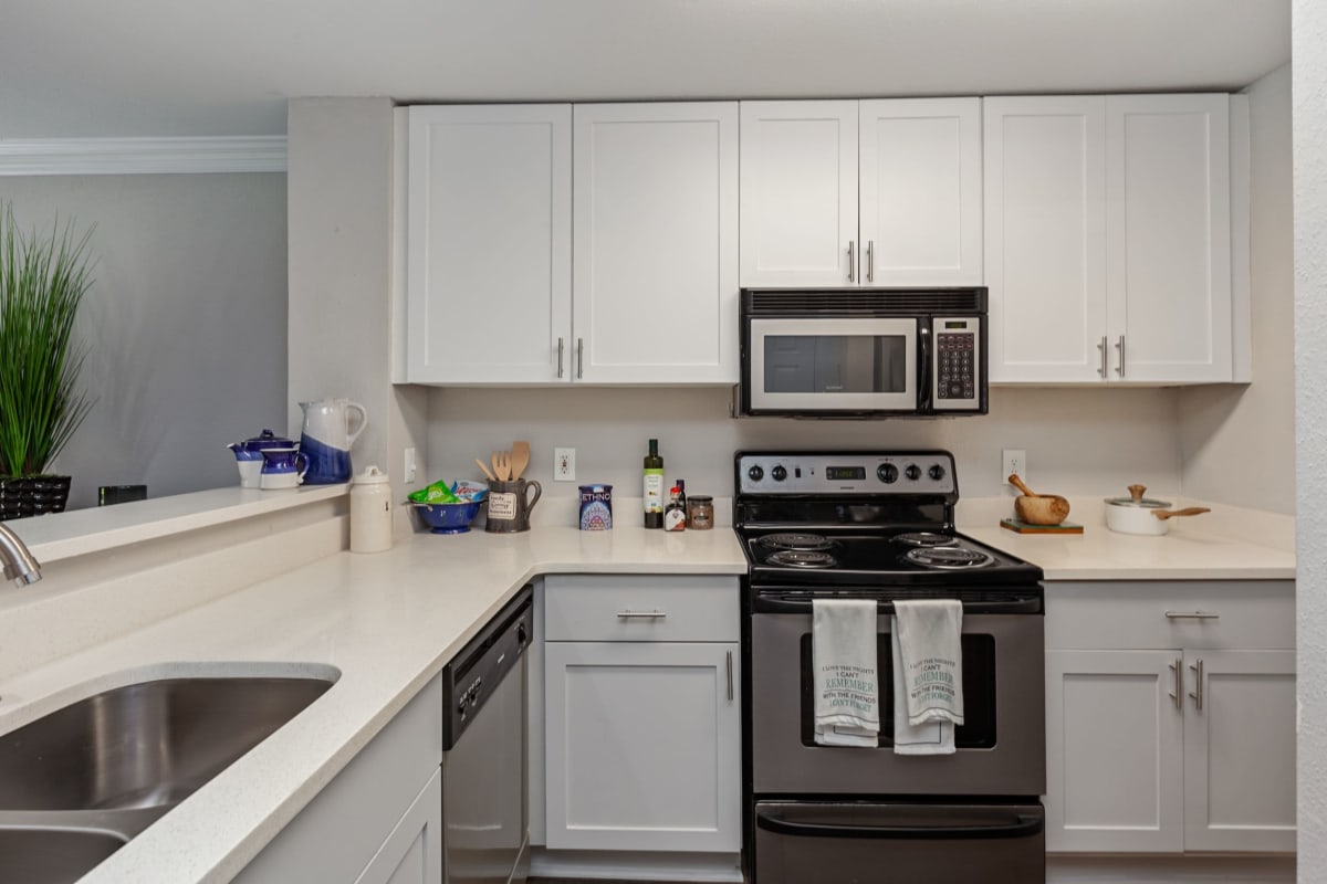 Large kitchen area with stainless steel appliances at 45Eighty Dunwoody Apartment Homes in Dunwoody, Georgia