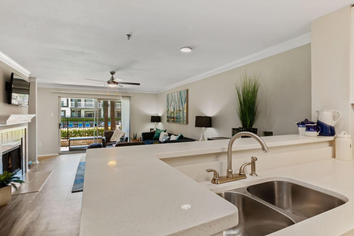 So much counter space in the kitchen on the nice white countertops at 45Eighty Dunwoody Apartment Homes in Dunwoody, Georgia