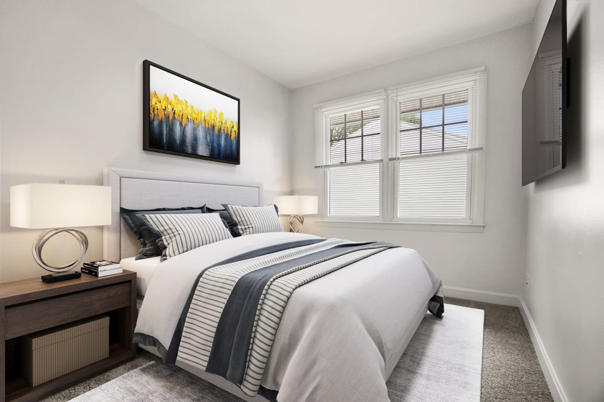 Spacious master bedroom in model home at President Village in Fall River, Massachusetts