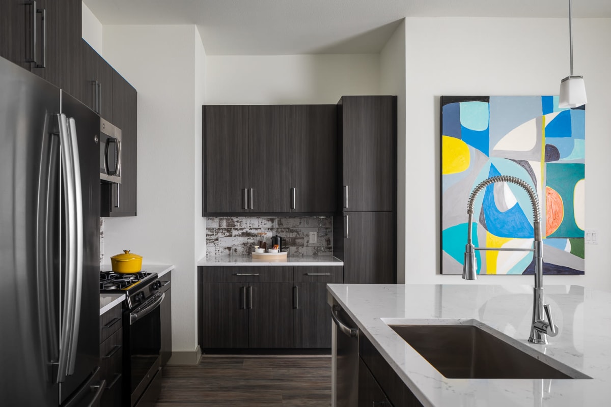 Mdern kitchen with stainless-steel appliances at Bellrock Summer Street in Houston, Texas