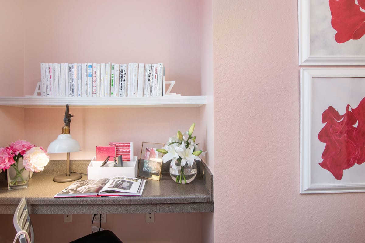 pink walls with built in desk in bedroom at The Social in Lutz, Florida