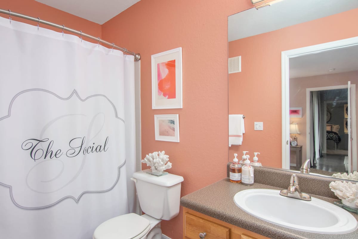 peach colored bathroom at The Social in Lutz, Florida