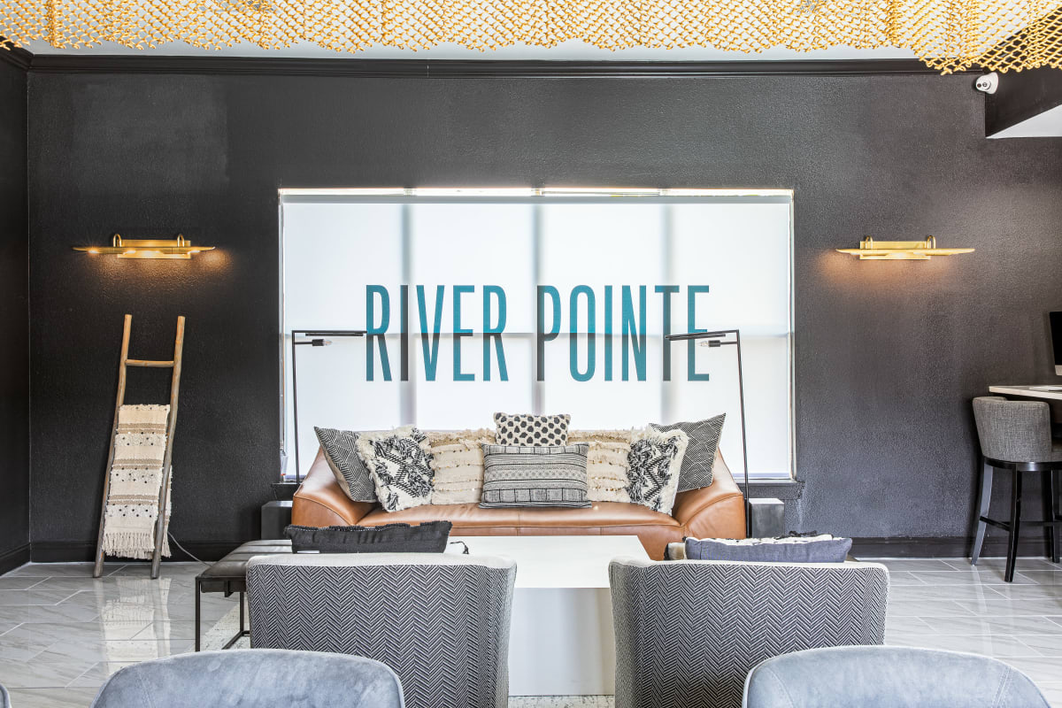 Sitting area in the modern clubhouse at River Pointe in Carrollton, Georgia