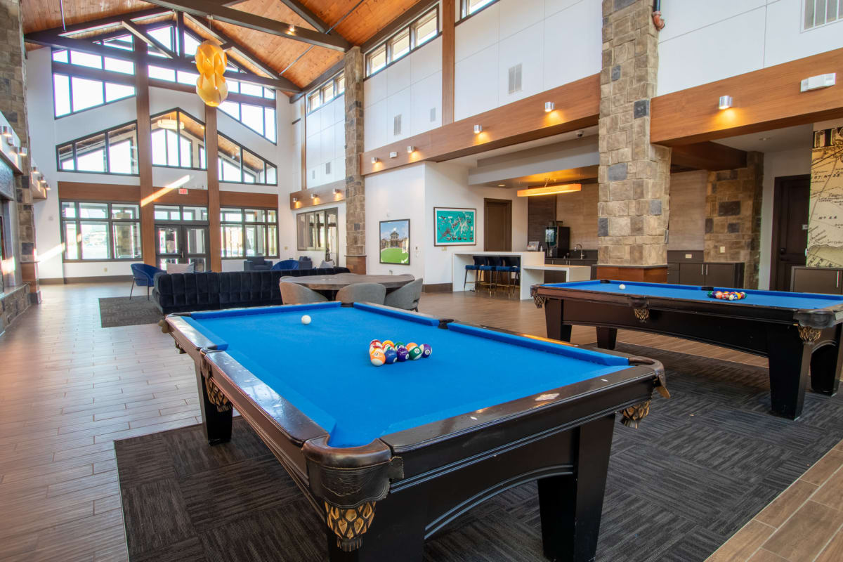 Pool tables in the expansive clubhouse at The Waverly in Newark, Delaware