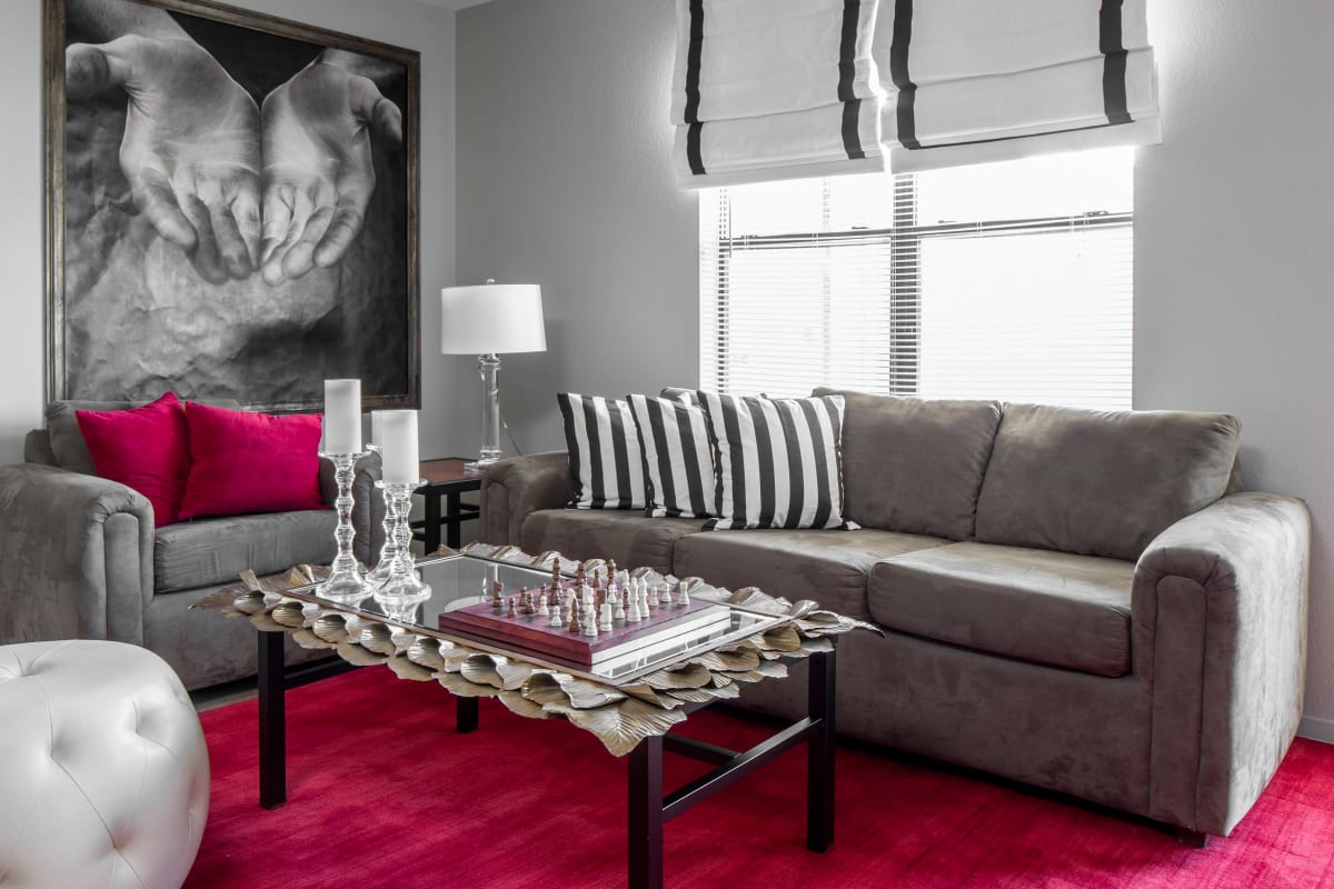 Spacious model living room at The London in College Station, Texas