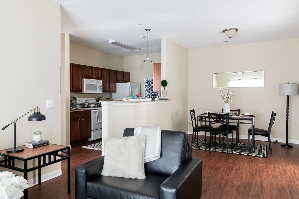 Spacious living and dining area and open modern kitchen in a student apartment at University Village in Greensboro, North Carolina