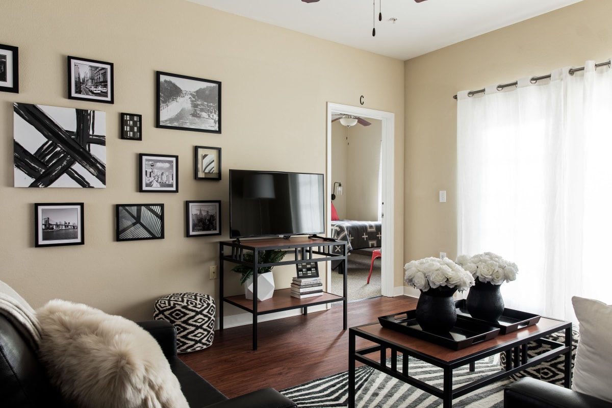 Living room with plank flooring opening onto a private patio at University Village in Greensboro, North Carolina