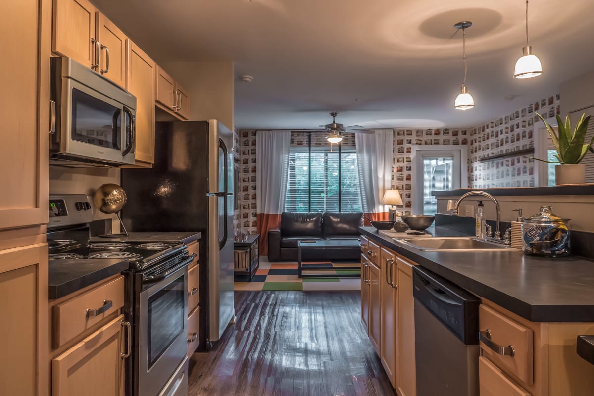 Fully equipped kitchen with stainless-steel appliances at The Thompson in San Marcos, Texas