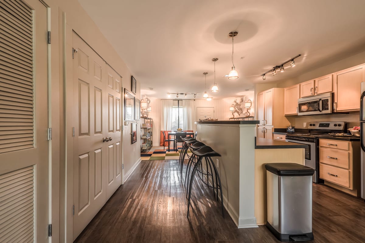 Open modern kitchen with a breakfast bar at The Thompson in San Marcos, Texas