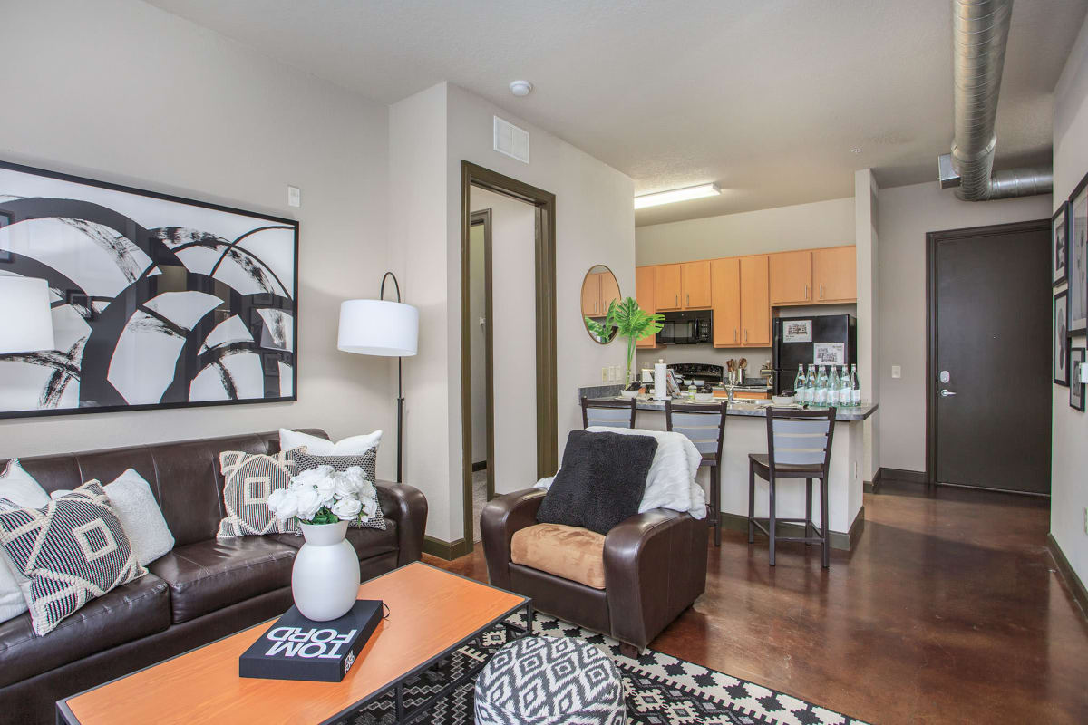 Living room and open kitchen of a model student apartment at 4050 Lofts in Tampa, Florida